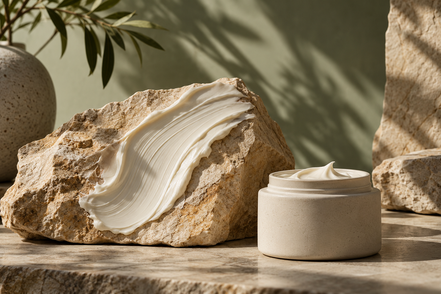Cream and a ceramic jar against warm textured stone