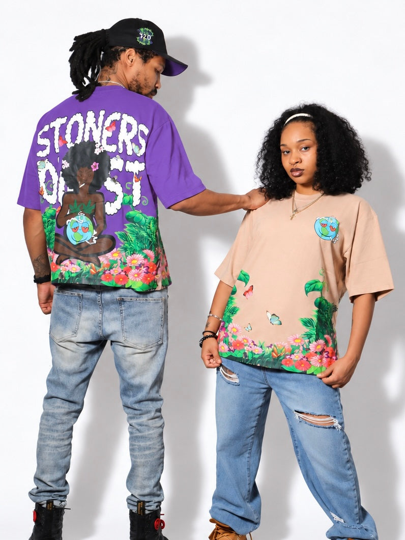 Two models wearing purple and beige Gaia tees