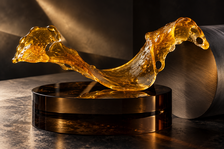 Sculptural amber cannabis concentrate on dark glass