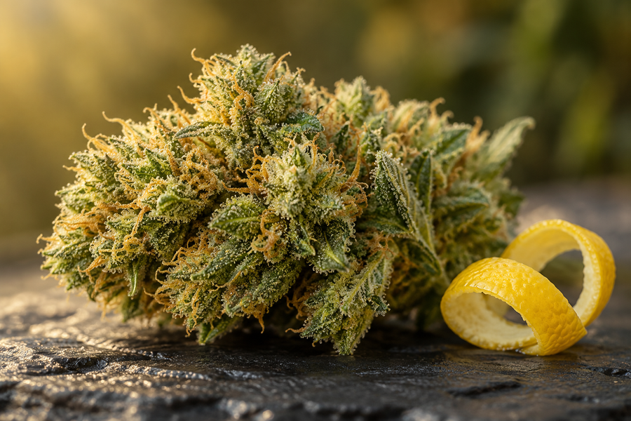 Botanical editorial illustration for Lemon Haze; AI-generated, not a verified cultivar photograph