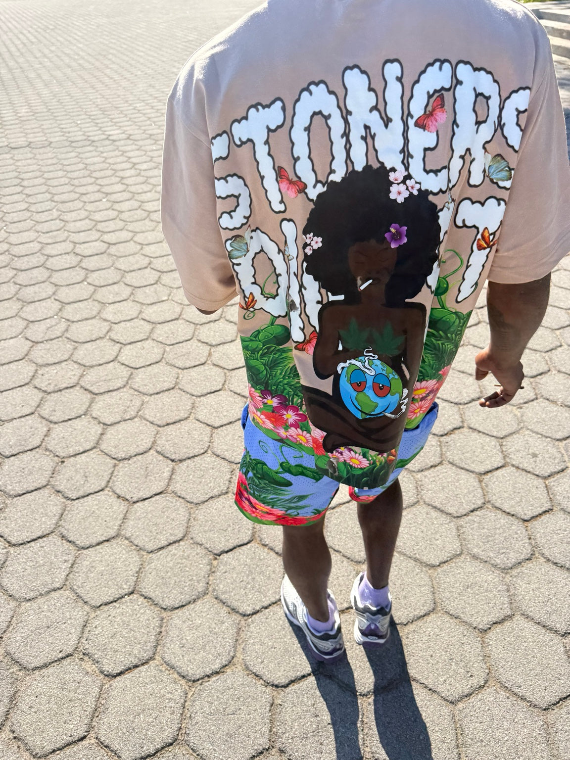 Gaia Mother Earth back artwork and matching floral shorts