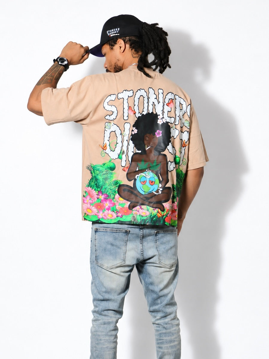 Gaia tee back artwork on a studio model