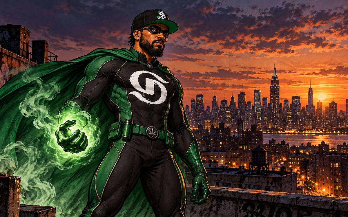 Ganja Man on a rooftop overlooking New York at dusk