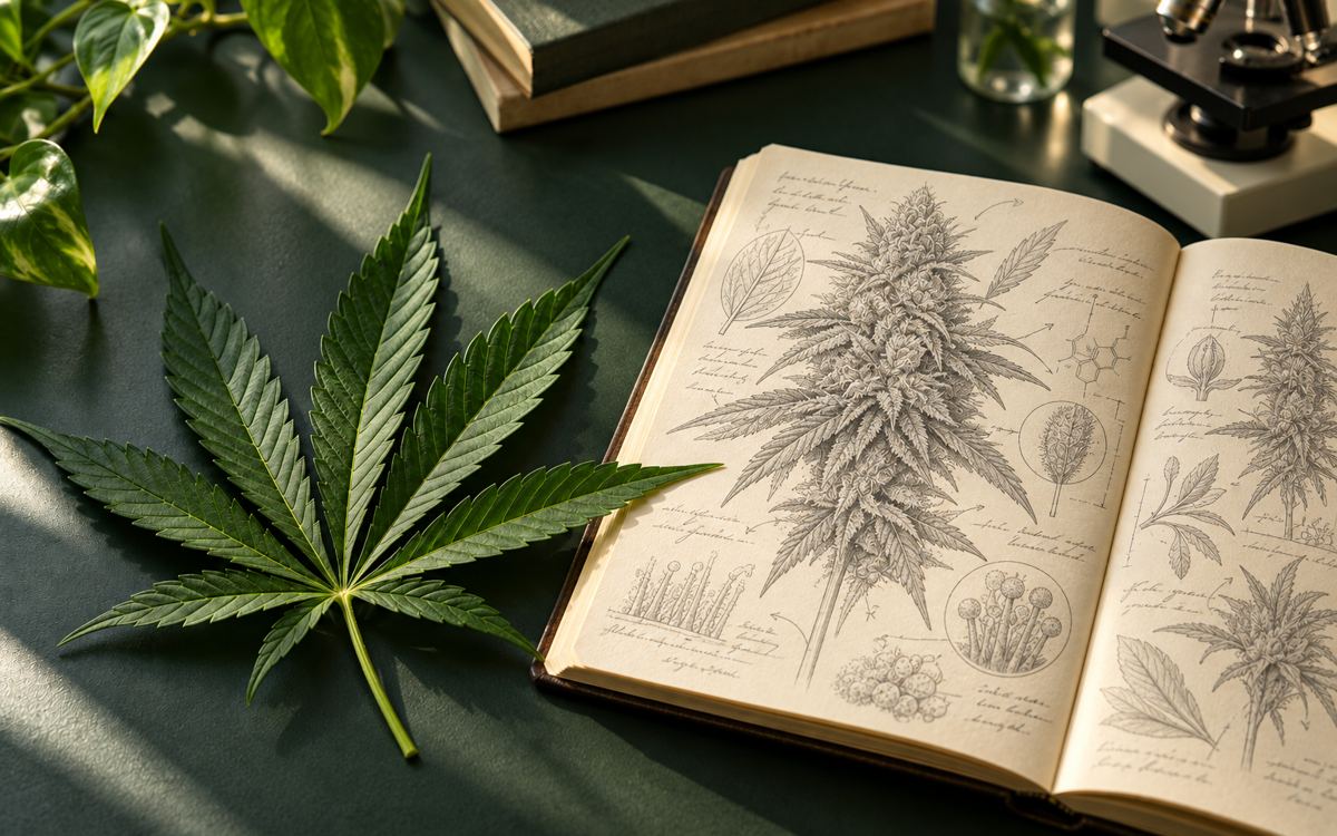 Cannabis botanical research sketch and microscope