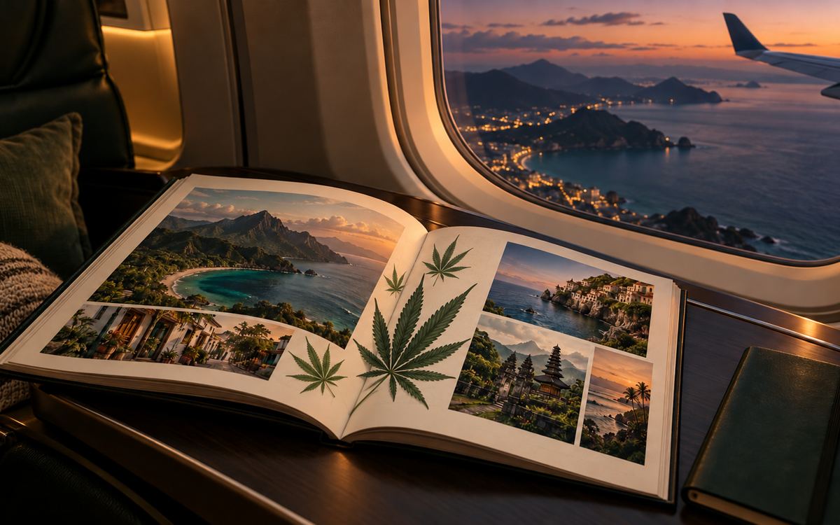 Travel guide open beside an airplane window at dusk