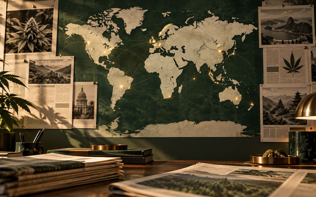 World map and news clippings in a newsroom